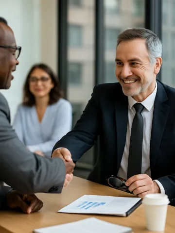 A grantmaker and board member shaking hands at a board meeting with another board member looking on