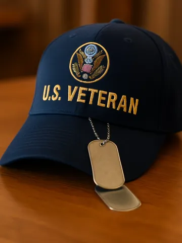 U.S. Veteran cap with dog tags lying on its brim