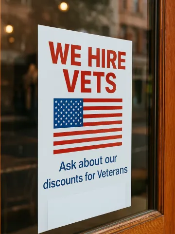 We Hire Vets sign also mentioning veteran discounts in the window of a business